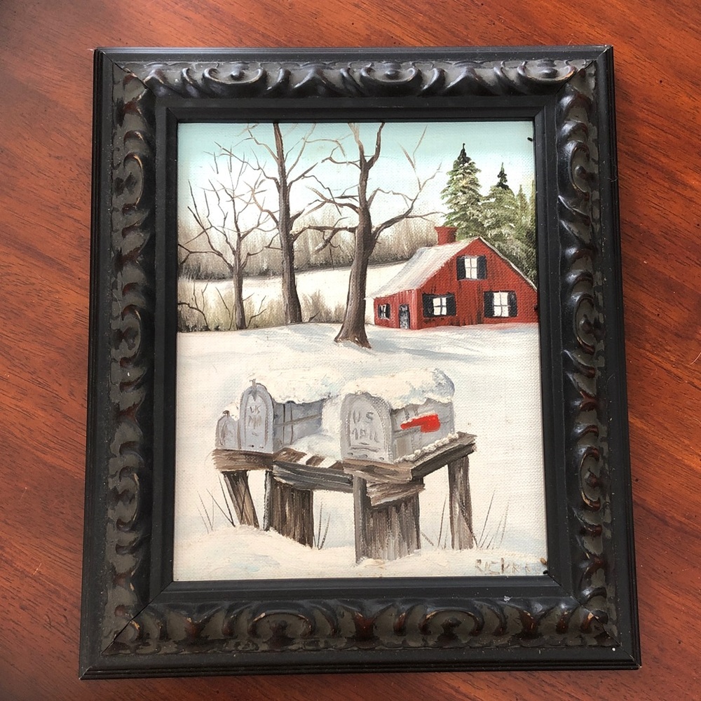 Vintage Oil Painting Landscape Cottage Framed Rustic Farmhouse Art